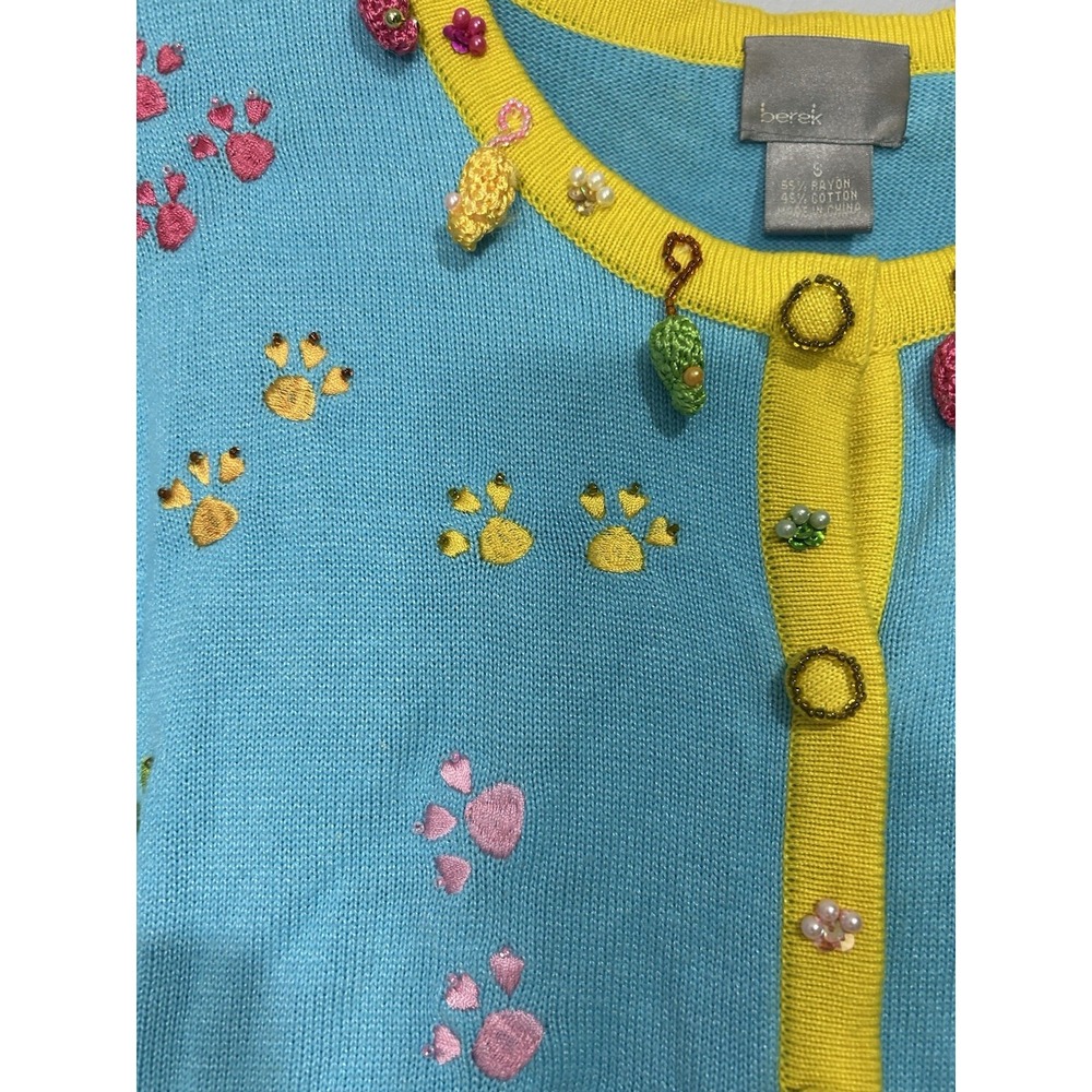 Vtg Berek Short Sleeve Knit Cat Novelty Cardigan Sweater Sz S Dangle Mice Beaded - Picture 5 of 12